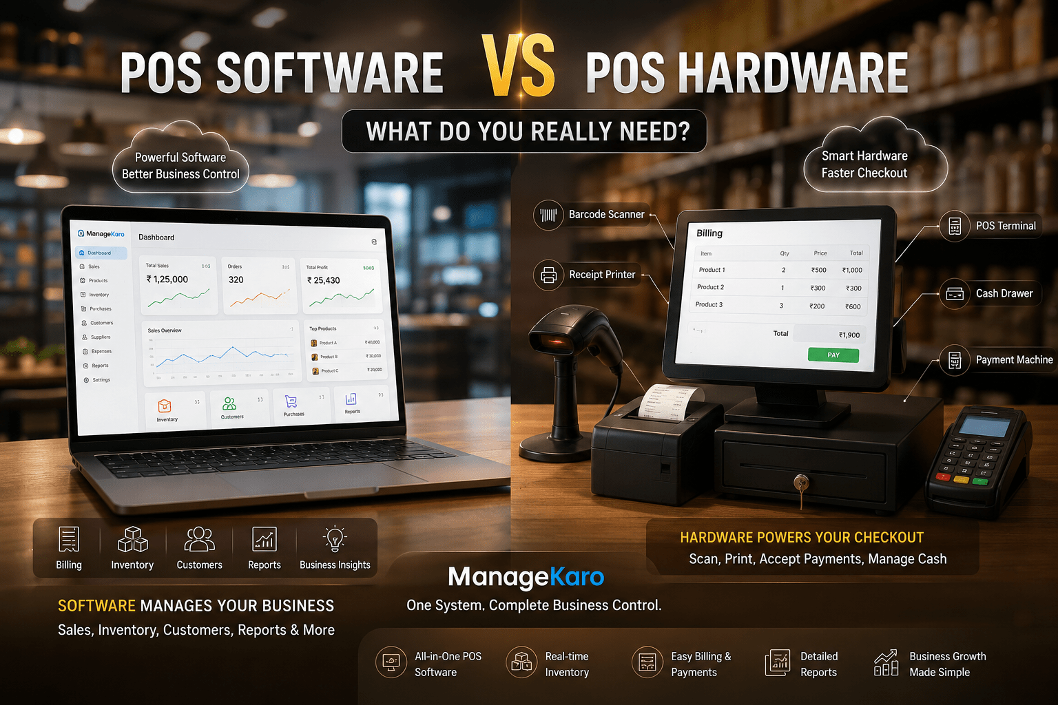 POS software vs POS hardware comparison showing ManageKaro POS software dashboard with billing, inventory, customers, reports, barcode scanner, receipt printer, cash drawer, POS terminal, and payment machine.