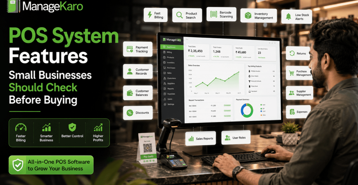 POS system features for small businesses showing ManageKaro dashboard with fast billing, product search, barcode scanning, inventory management, payment tracking, customer records, low-stock alerts, reports, and user roles.