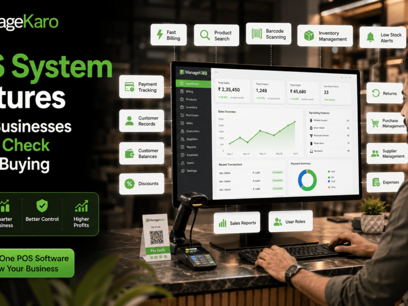 POS system features for small businesses showing ManageKaro dashboard with fast billing, product search, barcode scanning, inventory management, payment tracking, customer records, low-stock alerts, reports, and user roles.