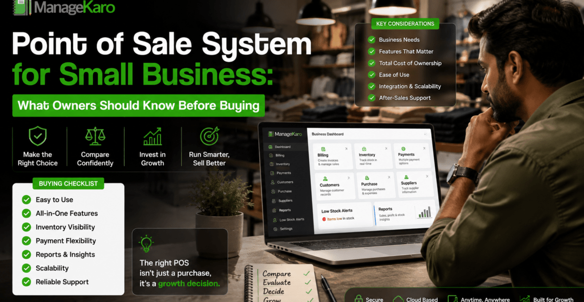Point of sale system for small business guide showing ManageKaro dashboard with billing, inventory, payments, customers, purchases, suppliers, low-stock alerts, reports, buying checklist, and growth-focused POS features.