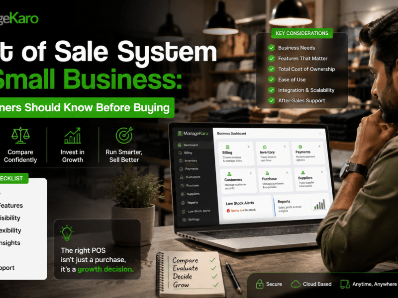 Point of sale system for small business guide showing ManageKaro dashboard with billing, inventory, payments, customers, purchases, suppliers, low-stock alerts, reports, buying checklist, and growth-focused POS features.