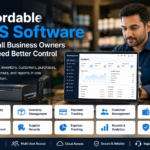 Affordable POS software for small business owners showing ManageKaro dashboard with billing, inventory management, payment tracking, customer management, customer balances, purchase management, supplier records, expense tracking, reports, and cloud access.