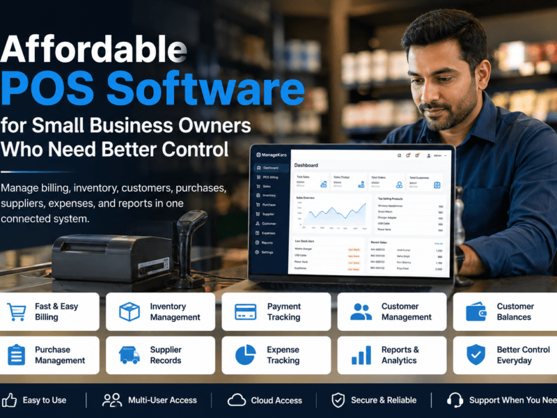 Affordable POS software for small business owners showing ManageKaro dashboard with billing, inventory management, payment tracking, customer management, customer balances, purchase management, supplier records, expense tracking, reports, and cloud access.