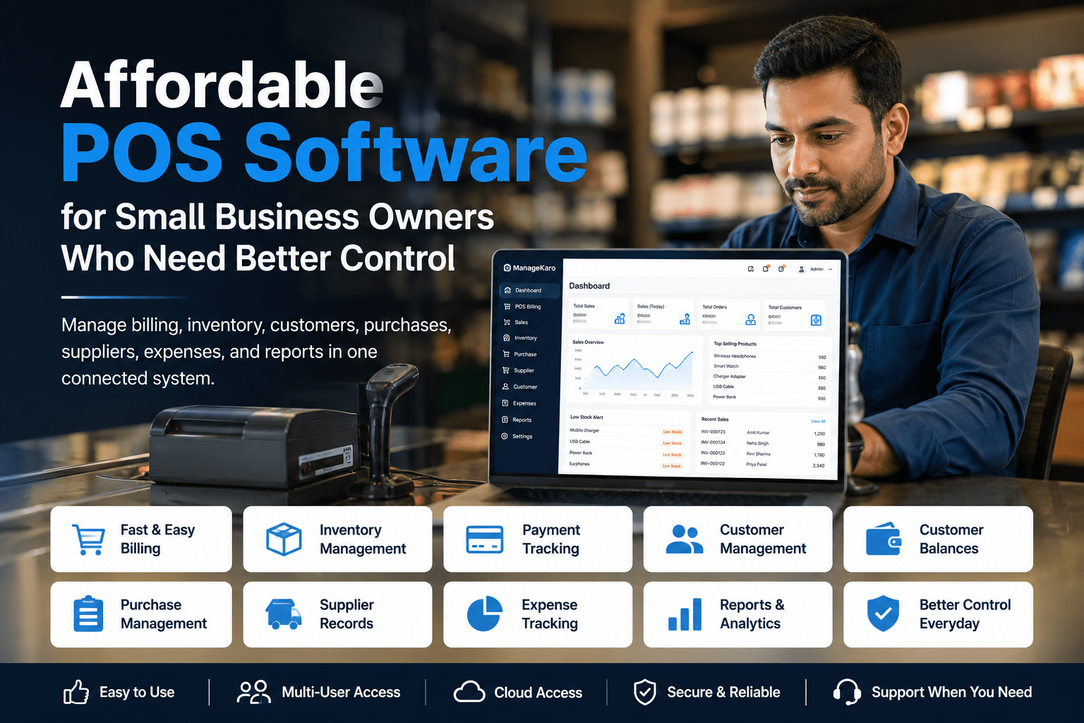Affordable POS software for small business owners showing ManageKaro dashboard with billing, inventory management, payment tracking, customer management, customer balances, purchase management, supplier records, expense tracking, reports, and cloud access.