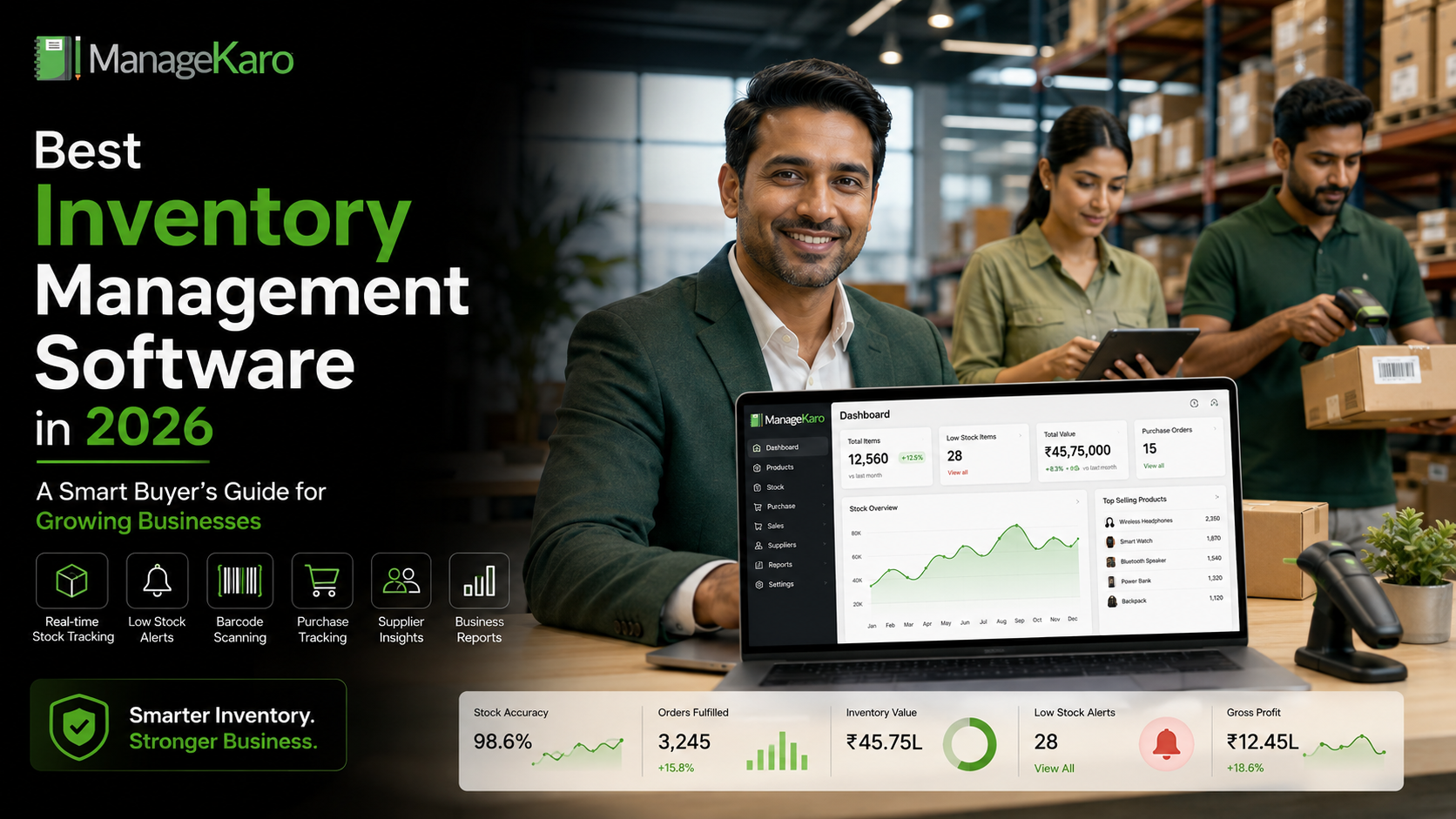 Best inventory management software in 2026 showing ManageKaro dashboard with real-time stock tracking, low-stock alerts, barcode scanning, purchase tracking, supplier insights, and business reports for growing businesses.