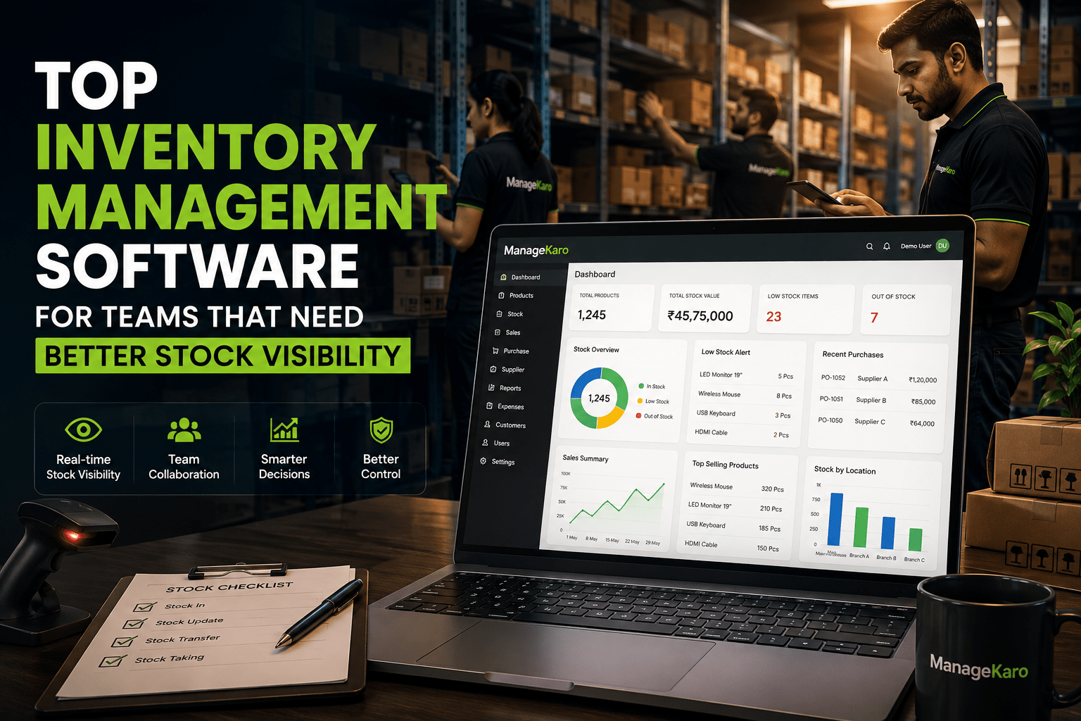 Top inventory management software for teams showing ManageKaro dashboard with real-time stock visibility, team collaboration, low-stock alerts, stock updates, purchase tracking, and business reports.