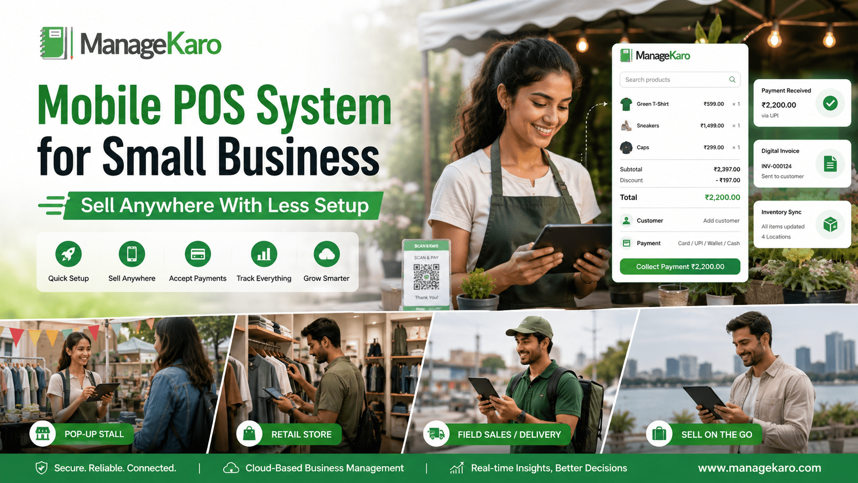 Mobile POS system for small business showing ManageKaro mobile billing, payment collection, digital invoices, inventory sync, pop-up stall sales, retail store billing, field sales, and sell-on-the-go features.