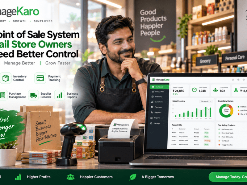 Best point of sale system for retail store owners showing ManageKaro POS dashboard with billing, inventory control, payment tracking, customer balances, purchase management, supplier records, business reports, and retail growth tools.