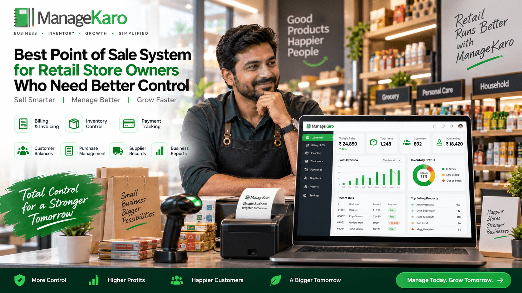 Best point of sale system for retail store owners showing ManageKaro POS dashboard with billing, inventory control, payment tracking, customer balances, purchase management, supplier records, business reports, and retail growth tools.