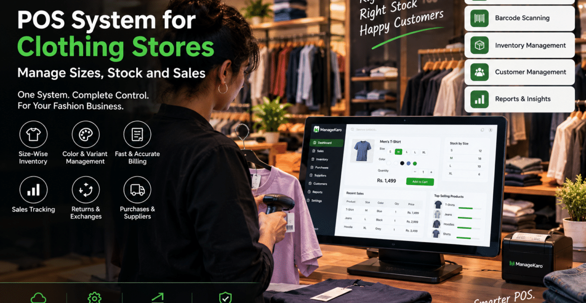 POS system for clothing stores showing ManageKaro software with size-wise inventory, color variants, clothing sales, barcode billing, stock tracking, returns, and supplier management.