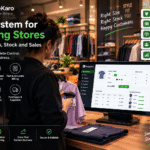 POS system for clothing stores showing ManageKaro software with size-wise inventory, color variants, clothing sales, barcode billing, stock tracking, returns, and supplier management.