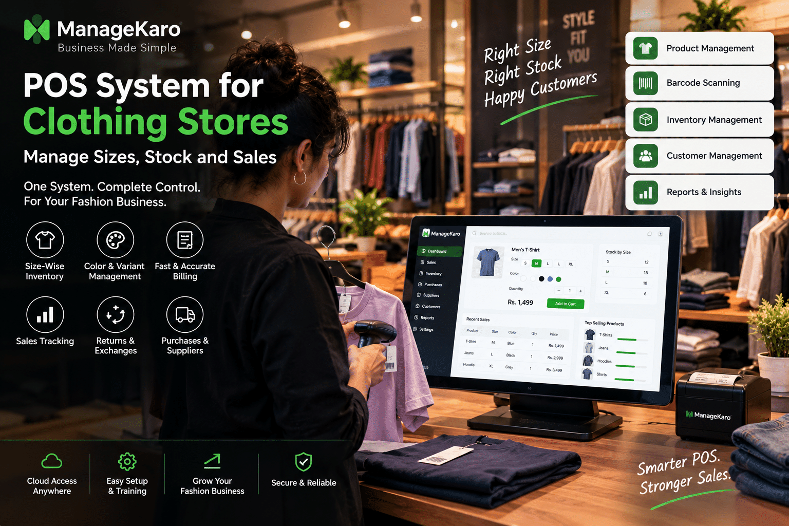 POS system for clothing stores showing ManageKaro software with size-wise inventory, color variants, clothing sales, barcode billing, stock tracking, returns, and supplier management.