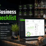 Small business POS checklist showing ManageKaro dashboard with fast billing, inventory management, payment tracking, customer records, customer balances, purchase management, supplier records, reports, hardware compatibility, setup support, pricing, and growth support.