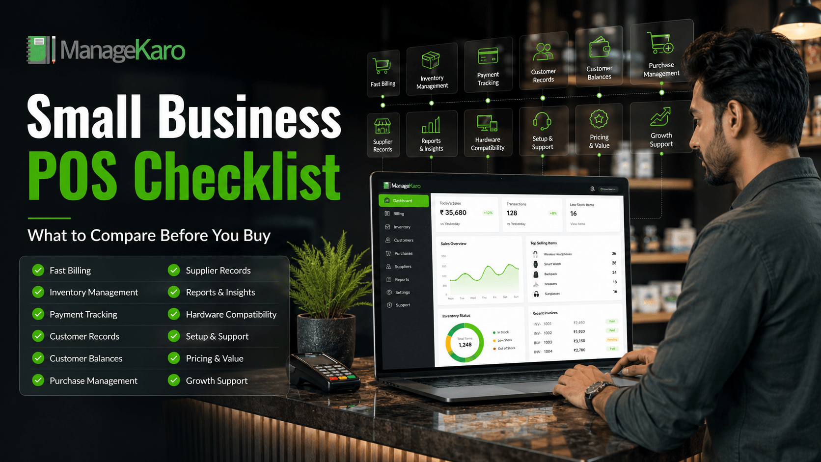 Small business POS checklist showing ManageKaro dashboard with fast billing, inventory management, payment tracking, customer records, customer balances, purchase management, supplier records, reports, hardware compatibility, setup support, pricing, and growth support.