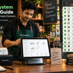 POS system setup guide for new business owners showing ManageKaro POS terminal with setup checklist, business details, products, inventory, payment methods, customers, suppliers, hardware, staff users, billing tests, reports, and team training.