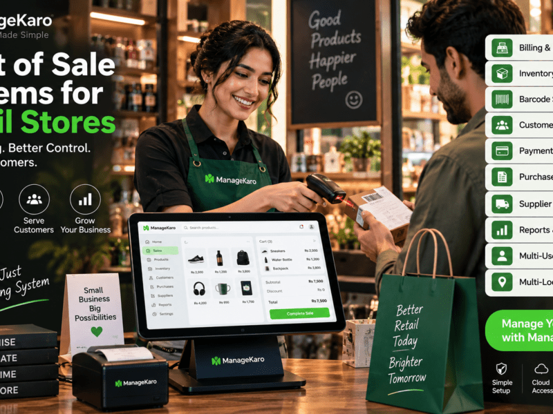 Point of sale systems for retail stores showing ManageKaro POS software with billing and invoicing, inventory management, barcode scanning, customer management, payment tracking, purchase management, supplier management, reports, multi-user access, and multi-location support.