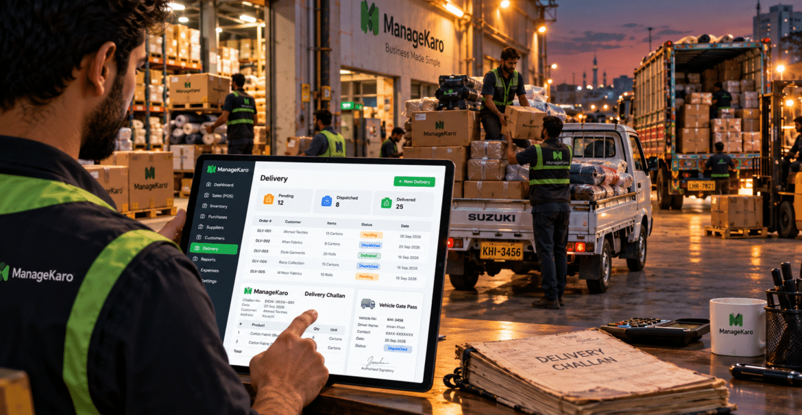 ManageKaro delivery management software showing a Pakistani warehouse manager using a digital delivery challan, delivery status tracking, vehicle gate pass, and dispatch dashboard while workers load goods onto delivery vehicles.