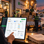 ManageKaro delivery management software showing a Pakistani warehouse manager using a digital delivery challan, delivery status tracking, vehicle gate pass, and dispatch dashboard while workers load goods onto delivery vehicles.