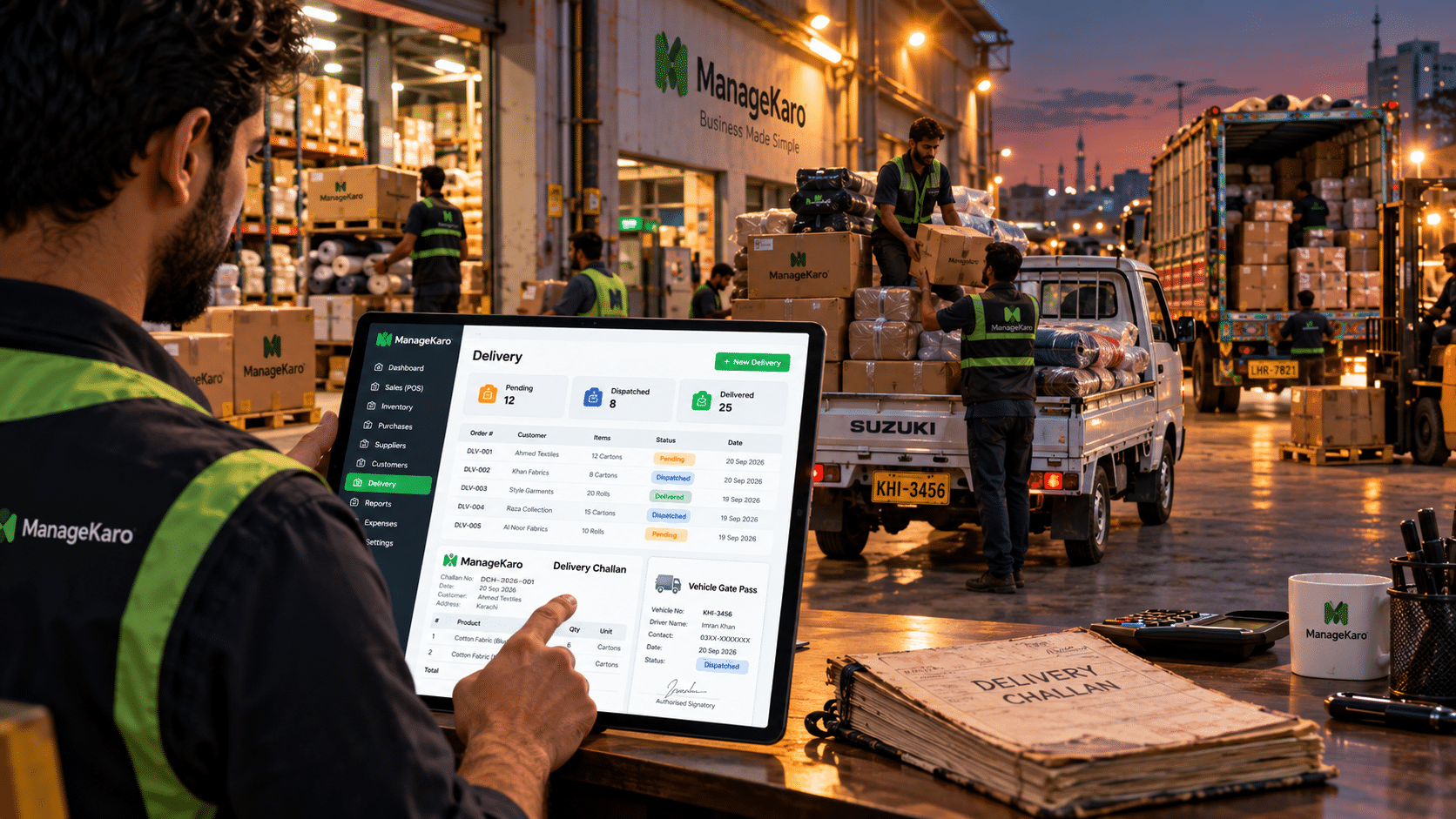 ManageKaro delivery management software showing a Pakistani warehouse manager using a digital delivery challan, delivery status tracking, vehicle gate pass, and dispatch dashboard while workers load goods onto delivery vehicles.