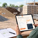 ManageKaro cubic yard calculator displayed on a tablet as a construction worker estimates gravel, sand, and topsoil requirements at a building material supply yard.