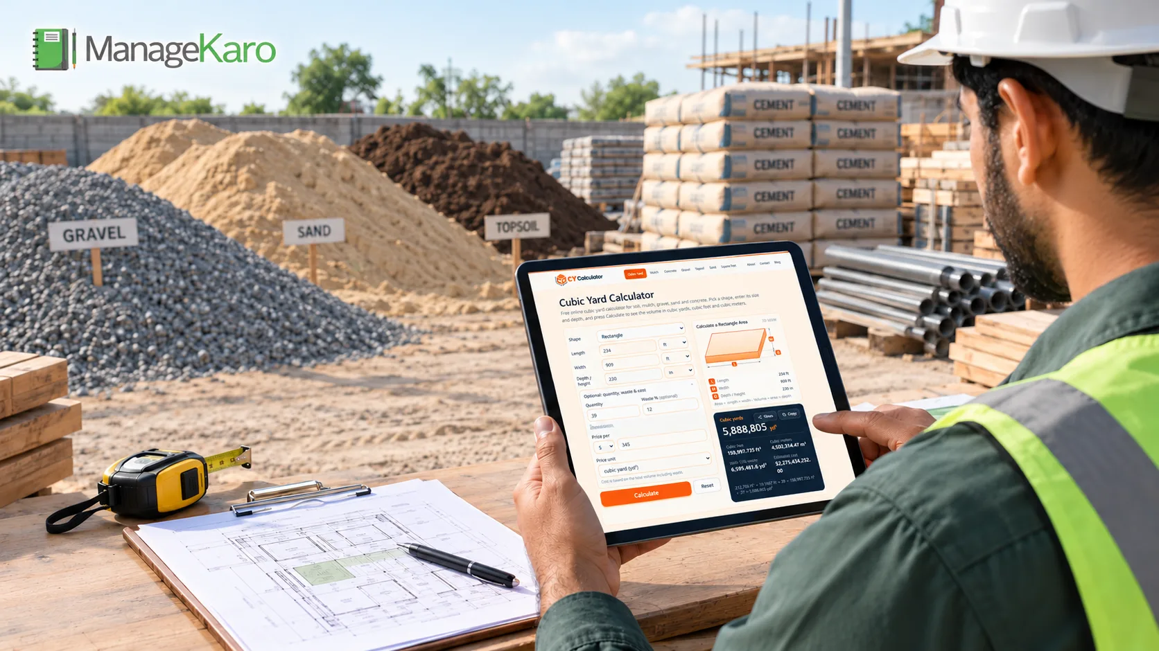 ManageKaro cubic yard calculator displayed on a tablet as a construction worker estimates gravel, sand, and topsoil requirements at a building material supply yard.