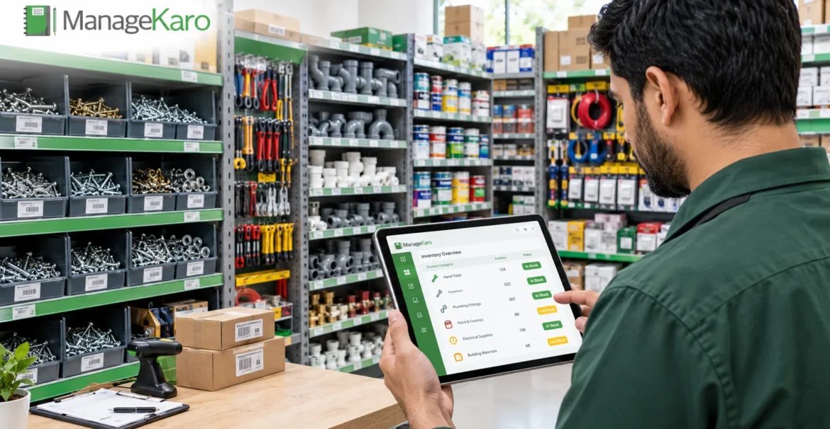 Hardware store inventory management with a store owner tracking stock levels on a tablet using ManageKaro software.