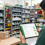 Hardware store inventory management with a store owner tracking stock levels on a tablet using ManageKaro software.