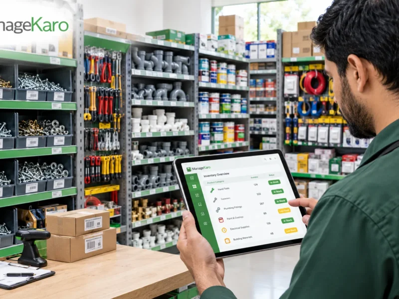 Hardware store inventory management with a store owner tracking stock levels on a tablet using ManageKaro software.
