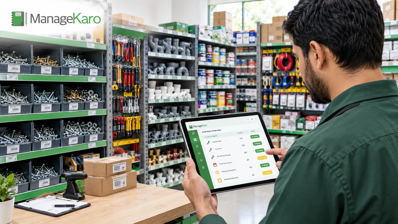 Hardware store inventory management with a store owner tracking stock levels on a tablet using ManageKaro software.