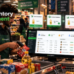 ManageKaro POS inventory management software showing a cashier scanning products, automatic stock updates, low-stock alerts, sales tracking, purchase management, and real-time inventory reports in a retail store.