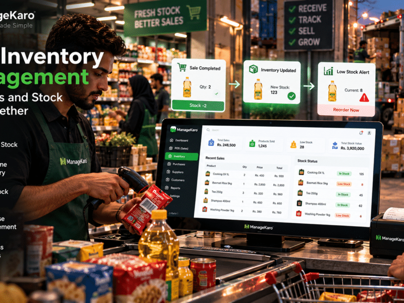 ManageKaro POS inventory management software showing a cashier scanning products, automatic stock updates, low-stock alerts, sales tracking, purchase management, and real-time inventory reports in a retail store.