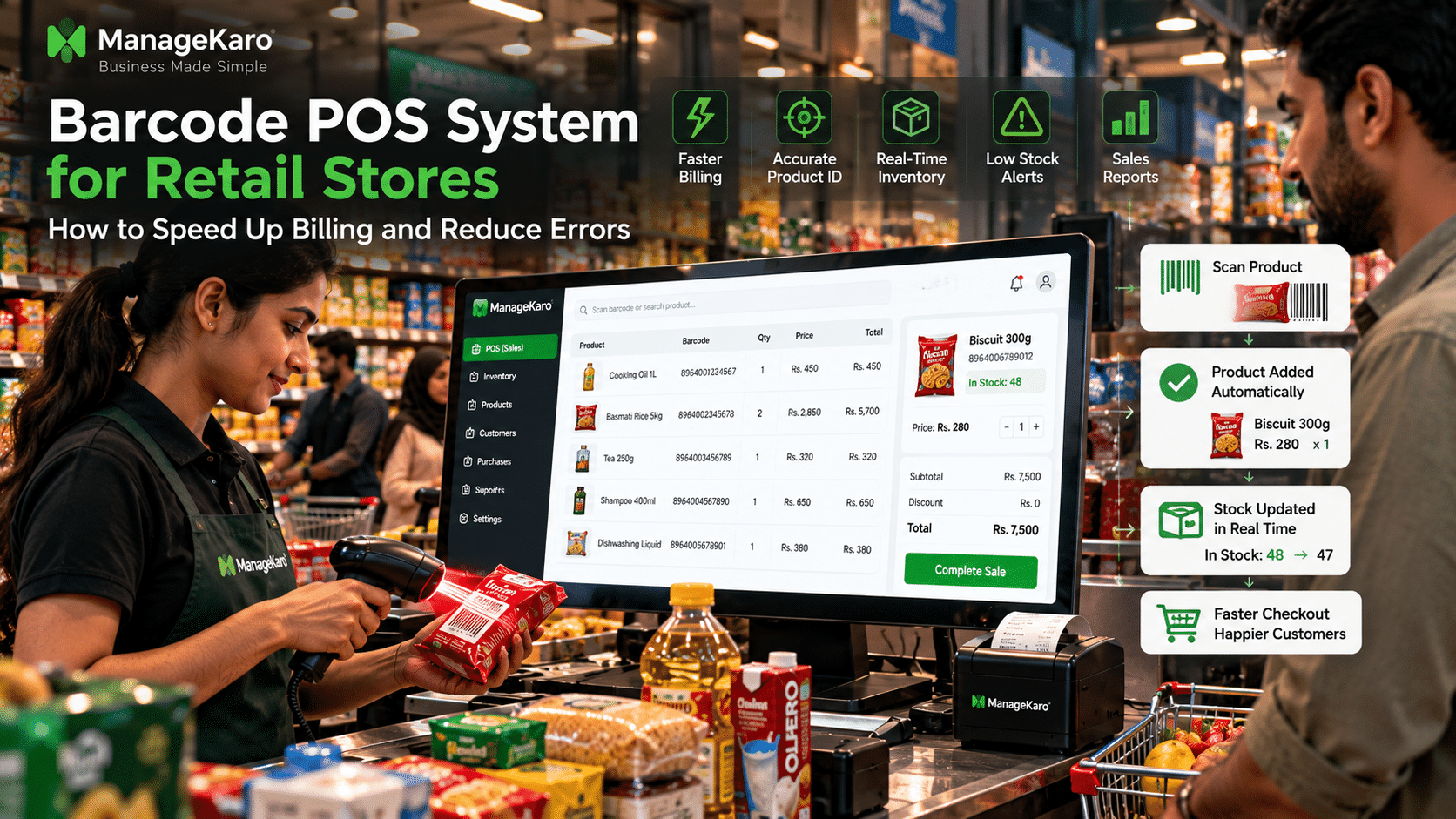 Barcode POS system for retail stores showing a cashier scanning products with ManageKaro POS software for faster billing, accurate product identification, real-time inventory tracking, low-stock alerts, and sales reports.
