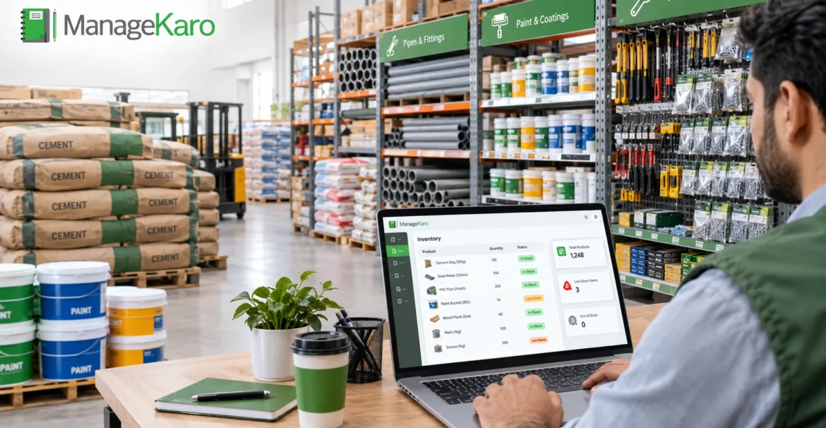 Inventory management software for hardware stores showing a store manager tracking cement, pipes, paint, and building material stock using ManageKaro.