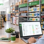 Inventory management software for hardware stores showing a store manager tracking cement, pipes, paint, and building material stock using ManageKaro.