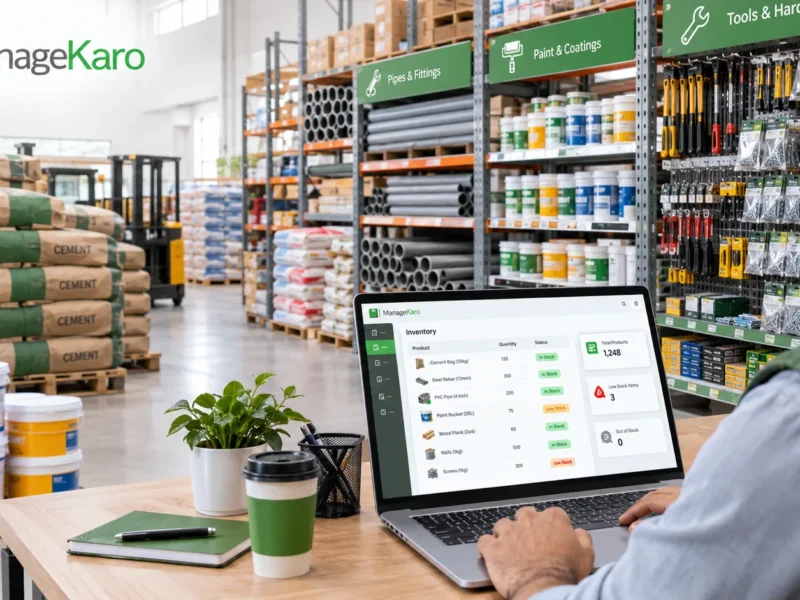 Inventory management software for hardware stores showing a store manager tracking cement, pipes, paint, and building material stock using ManageKaro.