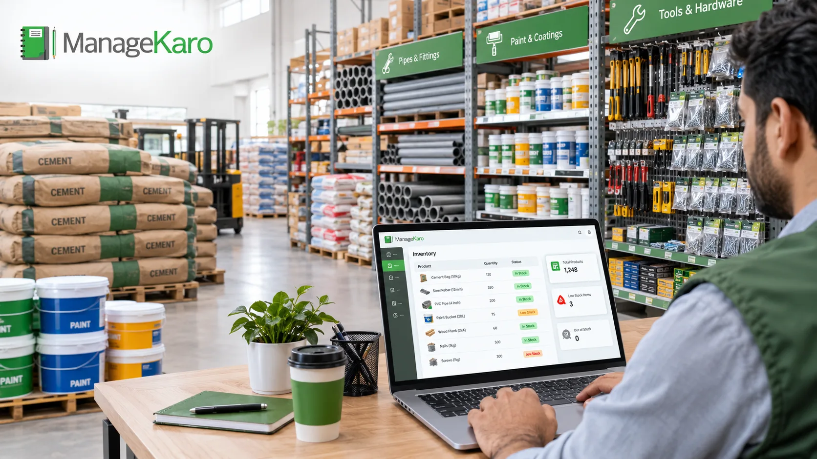 Inventory management software for hardware stores showing a store manager tracking cement, pipes, paint, and building material stock using ManageKaro.